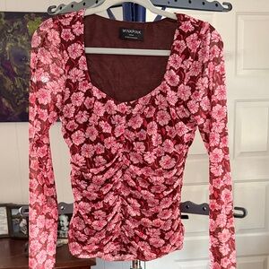 MINKPINK Floral Ruched Long Sleeve Blouse - Red and Pink